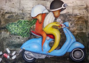 Veggie Vespa - Beau und Rübchen go Italy - 80 x 120 x 4 cm - Acryl und Pigmente auf Leinwand